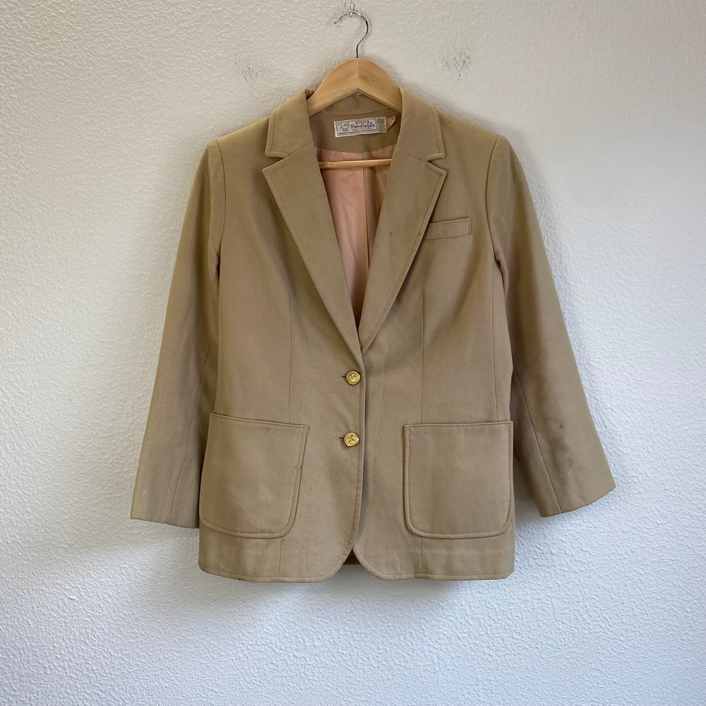 Young Pendleton Blazer Women 9-10 Tan Good Wool Gold Button Vintage 100% Virgin